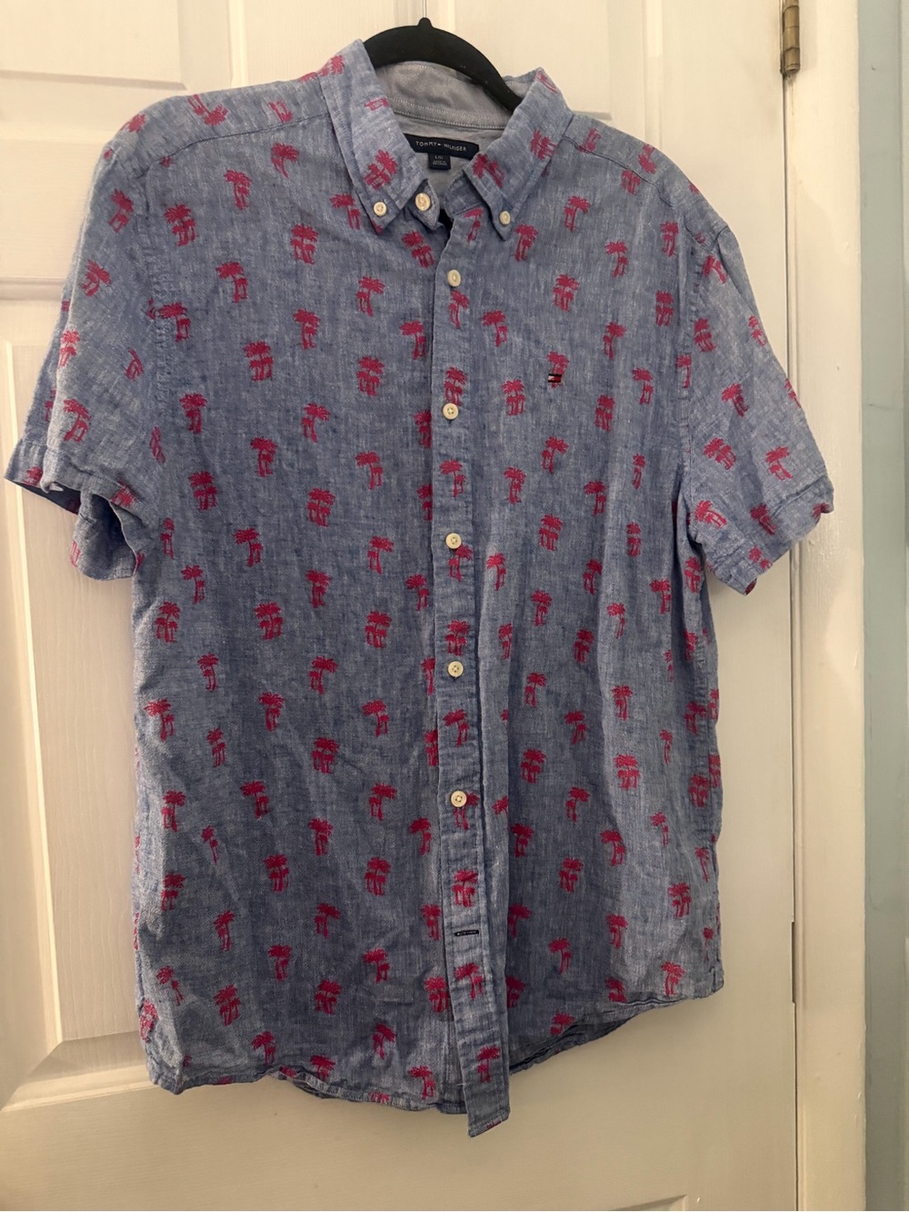 Tommy Hilfiger Men’s Large Linen Cotton Palm Tree Shirt Blue Red Short Sleeve